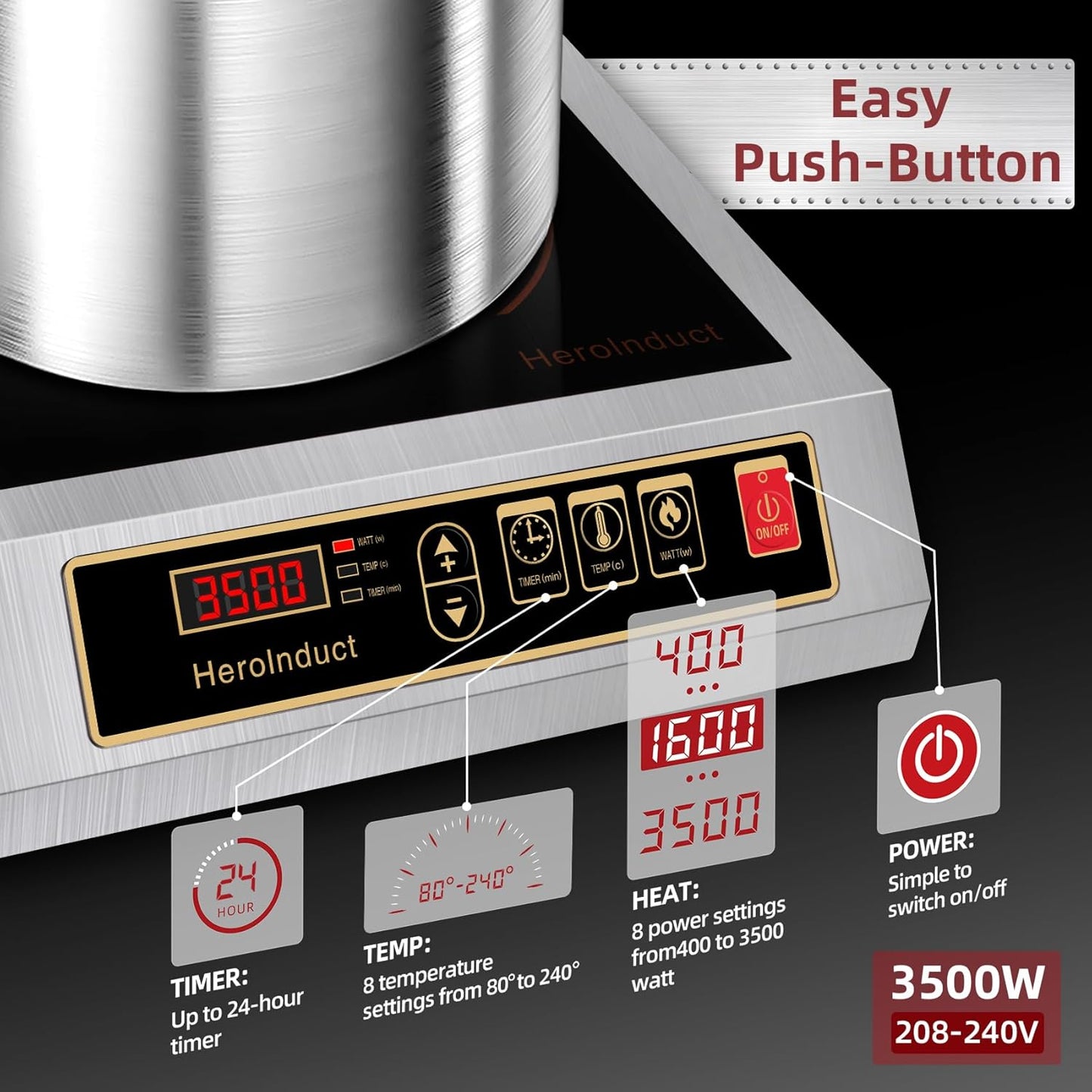 3500W Commercial Induction Cooktop, 208V-240V Electric Countertop Burner with Touch Screen & Button Control, Multiple Temperature Settings, Safety Protection Features for Professional Kitchens (Black)