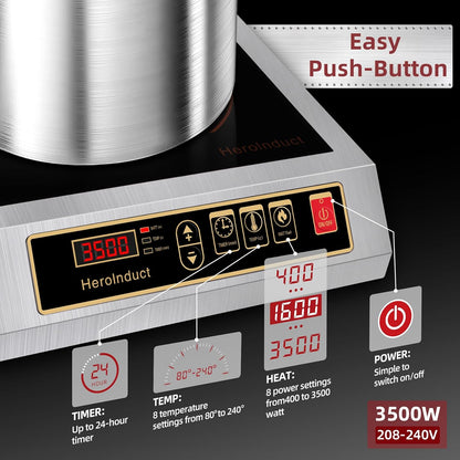 3500W Commercial Induction Cooktop, 208V-240V Electric Countertop Burner with Touch Screen & Button Control, Multiple Temperature Settings, Safety Protection Features for Professional Kitchens (Black)