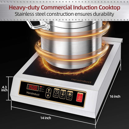 3500W Commercial Induction Cooktop, 208V-240V Electric Countertop Burner with Touch Screen & Button Control, Multiple Temperature Settings, Safety Protection Features for Professional Kitchens (Black)