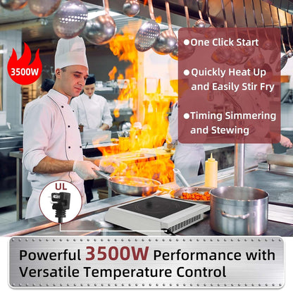 3500W Commercial Induction Cooktop, 208V-240V Electric Countertop Burner with Touch Screen & Button Control, Multiple Temperature Settings, Safety Protection Features for Professional Kitchens (Black)