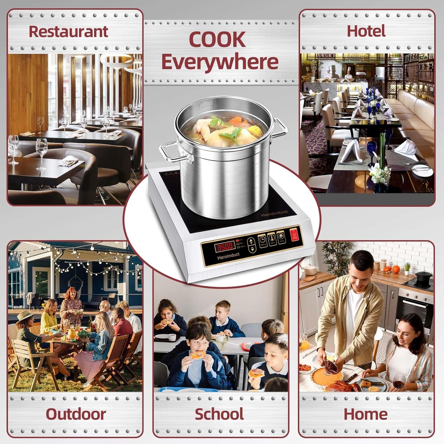 3500W Commercial Induction Cooktop, 208V-240V Electric Countertop Burner with Touch Screen & Button Control, Multiple Temperature Settings, Safety Protection Features for Professional Kitchens (Black)
